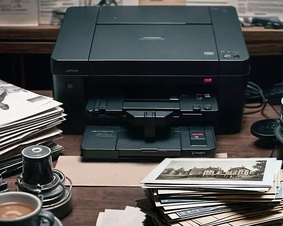 Photograph of a desk top Scanner printer and old photographs